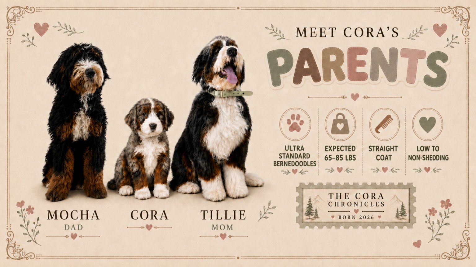 Mocha, Cora, and Tillie with Ultra Standard Bernedoodle breed details, including an expected adult weight of 65 to 85 pounds