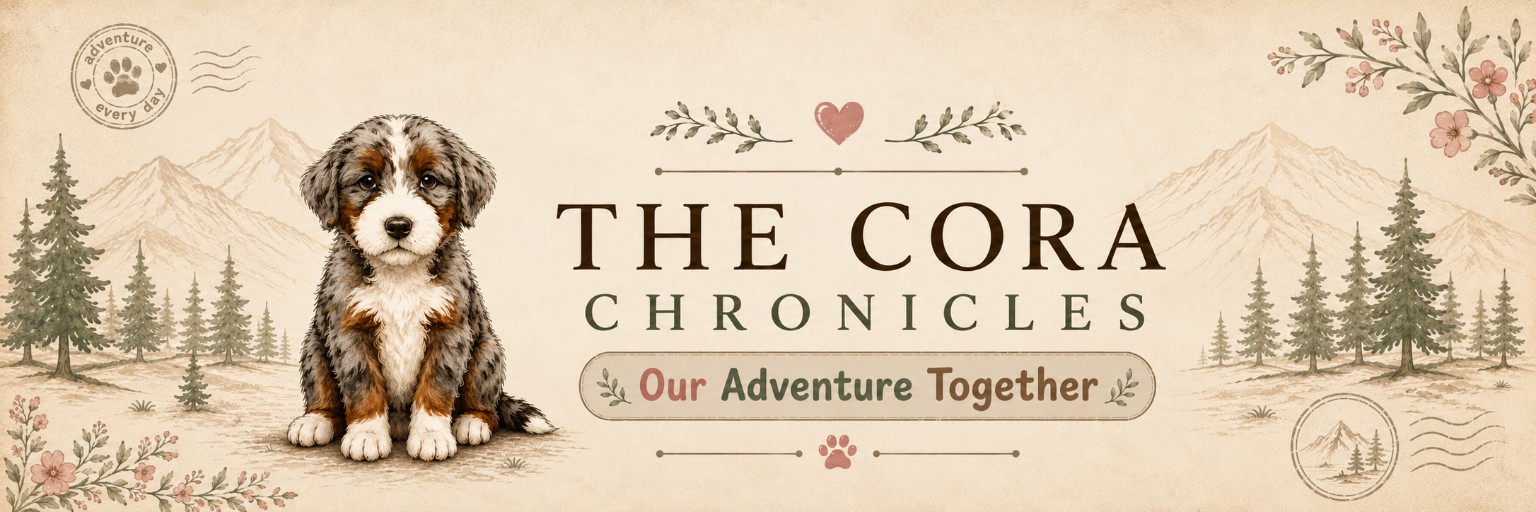 The Cora Chronicles — Our Adventure Together, featuring Cora in a vintage mountain landscape